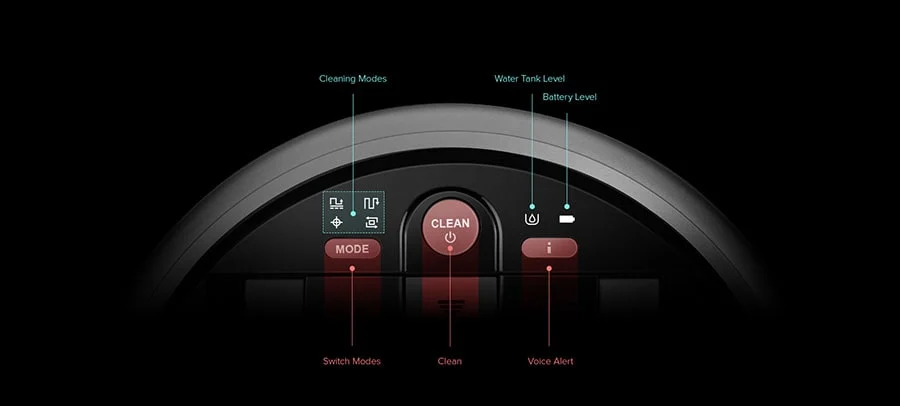 Три кнопки сверху позволяют выбрать режим уборки, начать уборку, а также активировать или деактивировать голосовое оповещение.