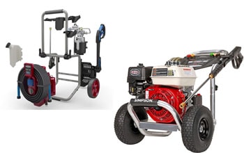 A collage illustrating various engine types of pressure washers.